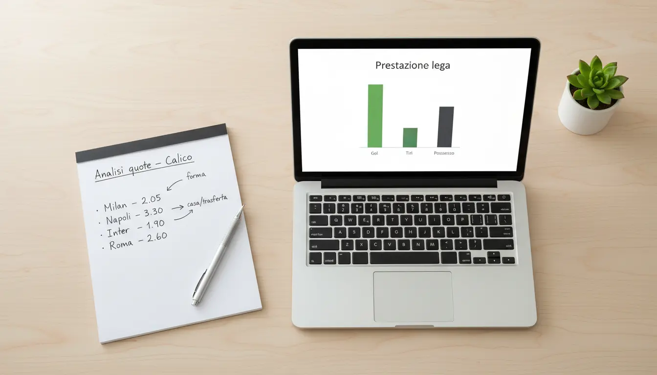 Quaderno aperto con appunti e statistiche di partite di calcio accanto a un portatile con grafici